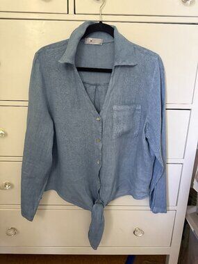 Gorgeous Blue Tina Stevens Linen Tie Front Shirt
